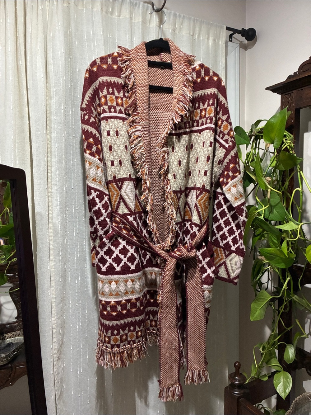Max Sport Southwestern Fringe Belted Sweater Coat Cardigan L